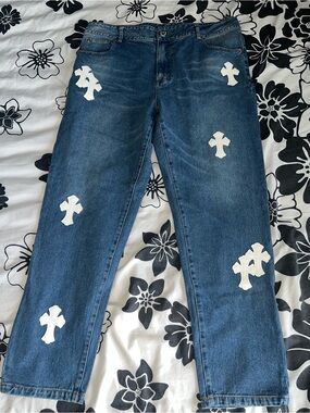 Women's Blue Denim Jeans with White Cross Appliqués